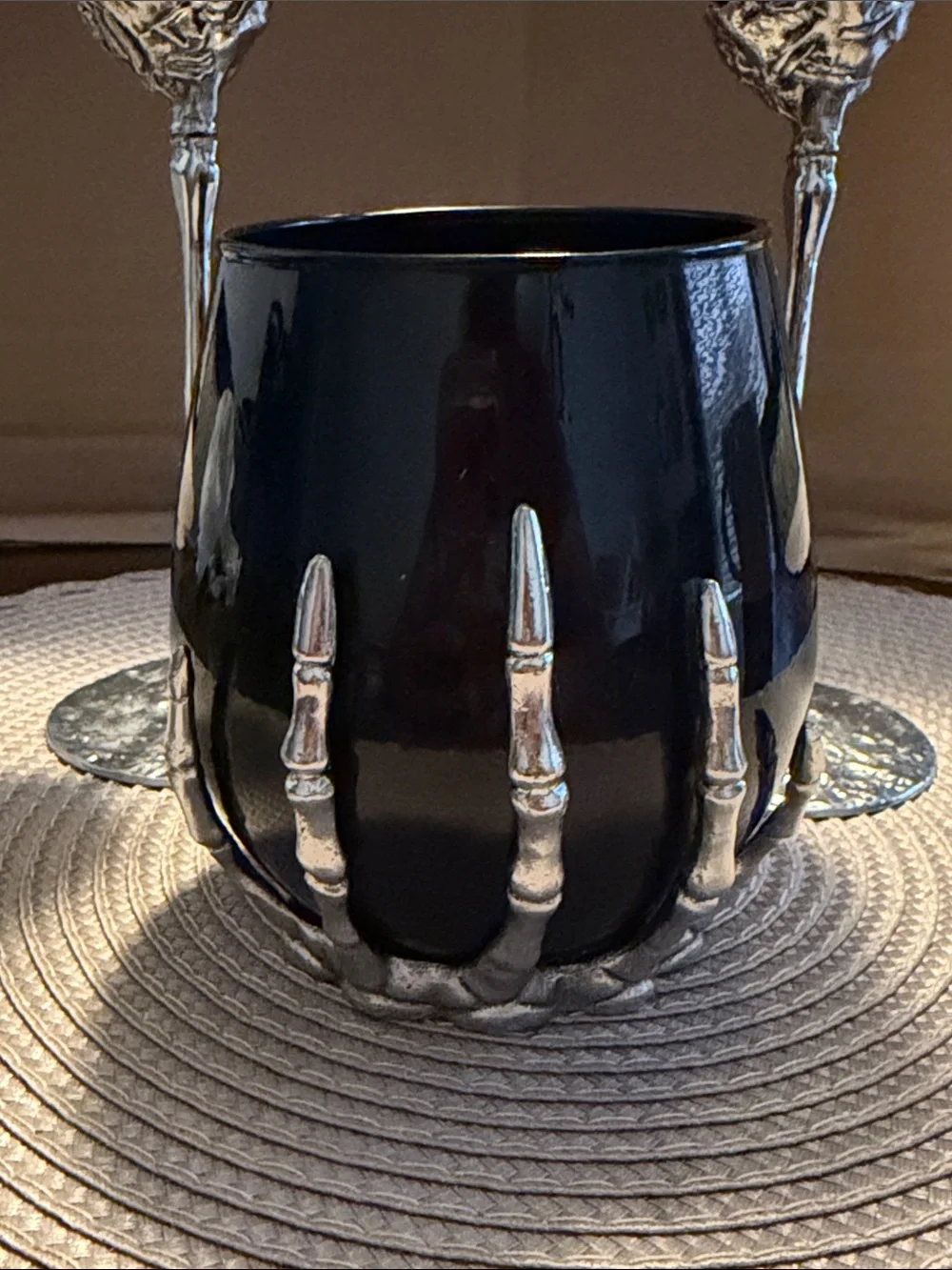 Black Wine Glassware Silver Metal Skeleton Hands Halloween Gothic HTF